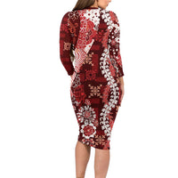 Hawaii Puakenikeni and Maile Lei Family Matching Long Sleeve Bodycon Dress and Hawaiian Shirt Red Japanese Wave Style - Polynesian Pride