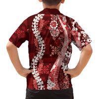 Hawaii Puakenikeni and Maile Lei Family Matching Off The Shoulder Long Sleeve Dress and Hawaiian Shirt Red Japanese Wave Style - Polynesian Pride