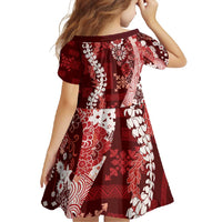 Hawaii Puakenikeni and Maile Lei Family Matching Short Sleeve Bodycon Dress and Hawaiian Shirt Red Japanese Wave Style - Polynesian Pride