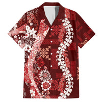 Hawaii Puakenikeni and Maile Lei Family Matching Short Sleeve Bodycon Dress and Hawaiian Shirt Red Japanese Wave Style - Polynesian Pride
