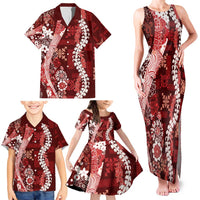 Hawaii Puakenikeni and Maile Lei Family Matching Tank Maxi Dress and Hawaiian Shirt Red Japanese Wave Style - Polynesian Pride