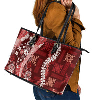 Hawaii Puakenikeni and Maile Lei Leather Tote Bag Red Japanese Wave Style - Polynesian Pride