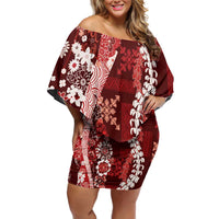 Hawaii Puakenikeni and Maile Lei Off Shoulder Short Dress Red Japanese Wave Style - Polynesian Pride