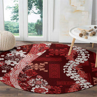 Hawaii Puakenikeni and Maile Lei Round Carpet Red Japanese Wave Style - Polynesian Pride