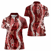 Hawaii Puakenikeni and Maile Lei Women Polo Shirt Red Japanese Wave Style - Polynesian Pride