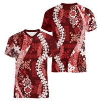 Hawaii Puakenikeni and Maile Lei Women V-Neck T-Shirt Red Japanese Wave Style - Polynesian Pride