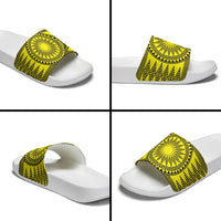 All Yellow Tonga Malo e lelei Slide Sandals Vintage Ngatu Tribal Pattern - Polynesian Pride