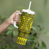 All Yellow Tonga Malo e lelei Tumbler With Handle Vintage Ngatu Tribal Pattern - Polynesian Pride