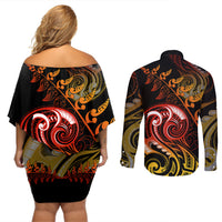 New Zealand Couples Matching Off Shoulder Short Dress and Long Sleeve Button Shirts Aotearoa Wisdom Face Maori Fern Tattoo Arty LT9 - Polynesian Pride