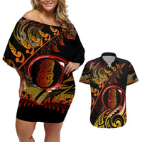 New Zealand Couples Matching Off Shoulder Short Dress and Hawaiian Shirt Aotearoa Hei-Tiki Maori Fern Tattoo Arty LT9 Reggae - Polynesian Pride