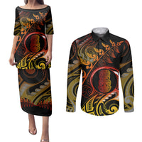 New Zealand Couples Matching Puletasi Dress and Long Sleeve Button Shirts Aotearoa Hei-Tiki Maori Fern Tattoo Arty LT9 Reggae - Polynesian Pride