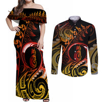 New Zealand Couples Matching Off Shoulder Maxi Dress and Long Sleeve Button Shirts Aotearoa Manaia Maori Fern Tattoo Arty LT9 Reggae - Polynesian Pride