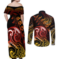 New Zealand Couples Matching Off Shoulder Maxi Dress and Long Sleeve Button Shirts Aotearoa Manaia Maori Fern Tattoo Arty LT9 - Polynesian Pride
