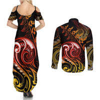 New Zealand Couples Matching Summer Maxi Dress and Long Sleeve Button Shirts Aotearoa Manaia Maori Fern Tattoo Arty LT9 - Polynesian Pride