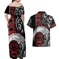Honour The Treaty New Zealand Personalised Couples Matching Off Shoulder Maxi Dress and Hawaiian Shirt Toitu Te Tiriti Indigenous Maori Face