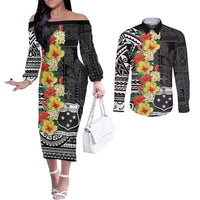 Samoa Tribal Hibiscus Flowers Couples Matching Off The Shoulder Long Sleeve Dress and Long Sleeve Button Shirt