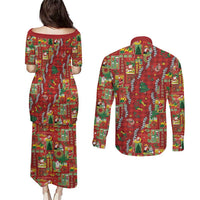 Mele Kalikimaka Pakalana Pikake Lei Couples Matching Puletasi and Long Sleeve Button Shirt Hawaiian Rodeo Paniolo Omaomao Palaka - Polynesian Pride