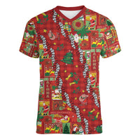 Mele Kalikimaka Pakalana Pikake Lei Women V-Neck T-Shirt Hawaiian Rodeo Paniolo Omaomao Palaka - Polynesian Pride