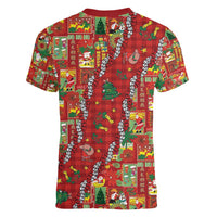 Mele Kalikimaka Pakalana Pikake Lei Women V-Neck T-Shirt Hawaiian Rodeo Paniolo Omaomao Palaka - Polynesian Pride