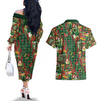 Mele Kalikimaka Pakalana Pikake Lei Couples Matching Off The Shoulder Long Sleeve Dress and Hawaiian Shirt Hawaiian Rodeo Paniolo Ulaula Palaka - Polynesian Pride