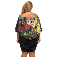 Kangaroo-Kiwi Soldier ANZAC Personalised Off Shoulder Short Dress Golden Wattle and Pohutukawa Flowers