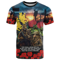 Kangaroo-Kiwi Soldier ANZAC Personalised T Shirt Golden Wattle and Pohutukawa Flowers