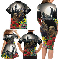 Kangaroo-Kiwi Soldier ANZAC Personalised Family Matching Long Sleeve Bodycon Dress and Hawaiian Shirt Golden Wattle Poppy Flowers