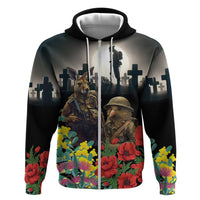 Kangaroo-Kiwi Soldier ANZAC Personalised Zip Hoodie Golden Wattle Poppy Flowers