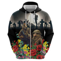 Kangaroo-Kiwi Soldier ANZAC Personalised Zip Hoodie Golden Wattle Poppy Flowers