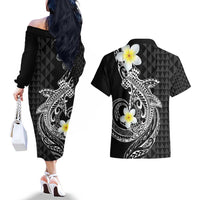 Aloha Hammerhead Shark Couples Matching Off The Shoulder Long Sleeve Dress and Hawaiian Shirt Black Hawaiian Kakau Tribal Tattoo LT9 - Polynesian Pride
