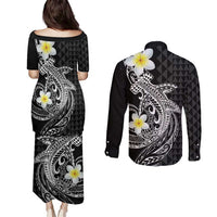 Aloha Hammerhead Shark Couples Matching Puletasi and Long Sleeve Button Shirt Black Hawaiian Kakau Tribal Tattoo
