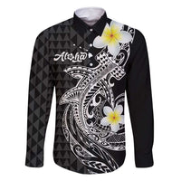 Aloha Hammerhead Shark Family Matching Long Sleeve Bodycon Dress and Hawaiian Shirt Black Hawaiian Kakau Tribal Tattoo