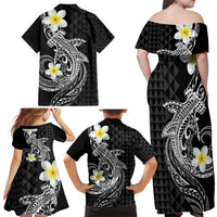 Aloha Hammerhead Shark Family Matching Off Shoulder Maxi Dress and Hawaiian Shirt Black Hawaiian Kakau Tribal Tattoo