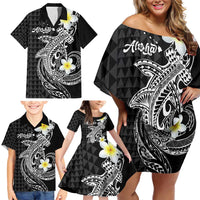 Aloha Hammerhead Shark Family Matching Off Shoulder Short Dress and Hawaiian Shirt Black Hawaiian Kakau Tribal Tattoo