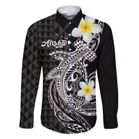 Aloha Hammerhead Shark Family Matching Short Sleeve Bodycon Dress and Hawaiian Shirt Black Hawaiian Kakau Tribal Tattoo