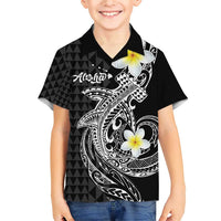 Aloha Hammerhead Shark Family Matching Short Sleeve Bodycon Dress and Hawaiian Shirt Black Hawaiian Kakau Tribal Tattoo