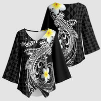 Aloha Hammerhead Shark Kimono Sleeve Blouse Black Hawaiian Kakau Tribal Tattoo - Polynesian Pride