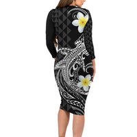 Aloha Hammerhead Shark Long Sleeve Bodycon Dress Black Hawaiian Kakau Tribal Tattoo