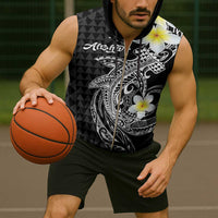 Aloha Hammerhead Shark Sleeveless Zip Hoodie Black Hawaiian Kakau Tribal Tattoo - Polynesian Pride
