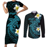 Aloha Hammerhead Shark Couples Matching Short Sleeve Bodycon Dress and Long Sleeve Button Shirt Calypso Hawaiian Kakau Tribal Tattoo LT9 Blue - Polynesian Pride