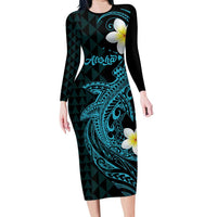 Aloha Hammerhead Shark Family Matching Long Sleeve Bodycon Dress and Hawaiian Shirt Calypso Hawaiian Kakau Tribal Tattoo