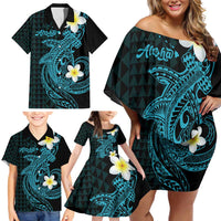 Aloha Hammerhead Shark Family Matching Off Shoulder Short Dress and Hawaiian Shirt Calypso Hawaiian Kakau Tribal Tattoo