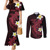 Aloha Hammerhead Shark Couples Matching Mermaid Dress and Long Sleeve Button Shirt Feverish Pink Hawaiian Kakau Tribal Tattoo