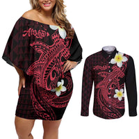 Aloha Hammerhead Shark Couples Matching Off Shoulder Short Dress and Long Sleeve Button Shirt Feverish Pink Hawaiian Kakau Tribal Tattoo