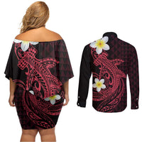 Aloha Hammerhead Shark Couples Matching Off Shoulder Short Dress and Long Sleeve Button Shirt Feverish Pink Hawaiian Kakau Tribal Tattoo