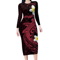 Aloha Hammerhead Shark Long Sleeve Bodycon Dress Feverish Pink Hawaiian Kakau Tribal Tattoo