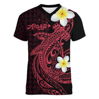 Aloha Hammerhead Shark Women V-Neck T-Shirt Feverish Pink Hawaiian Kakau Tribal Tattoo