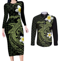 Aloha Hammerhead Shark Couples Matching Long Sleeve Bodycon Dress and Long Sleeve Button Shirt Lime Rickey Hawaiian Kakau Tribal Tattoo