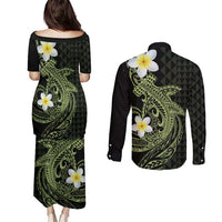 Aloha Hammerhead Shark Couples Matching Puletasi and Long Sleeve Button Shirt Lime Rickey Hawaiian Kakau Tribal Tattoo