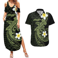 Aloha Hammerhead Shark Couples Matching Summer Maxi Dress and Hawaiian Shirt Lime Rickey Hawaiian Kakau Tribal Tattoo